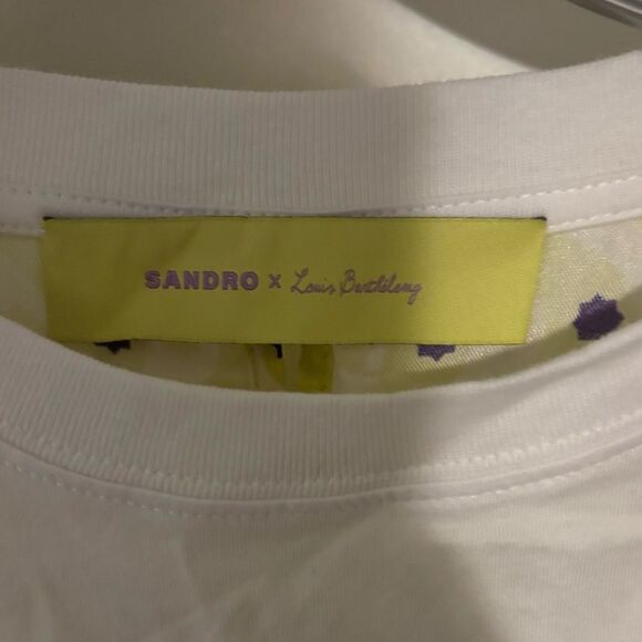 Sandro x Louis Barthelemy White/Yellow Printed Cotton Knit and Satin Dimi TOP - Picture 6 of 8